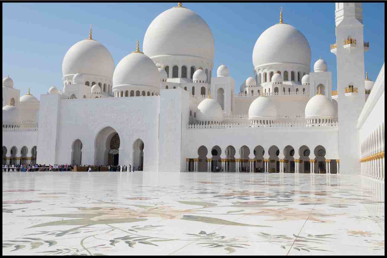 Aerial view of Allah Masjid, highlighting its expansive structure and beautiful symmetry.